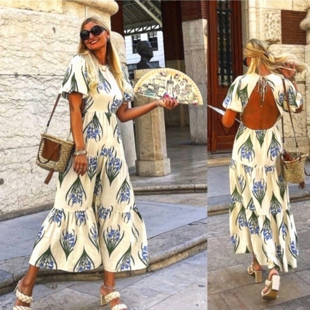 Zara Floral Print Tiered Ecru Linen Open Back Midi Puff Sleeve Dress woman Sz L